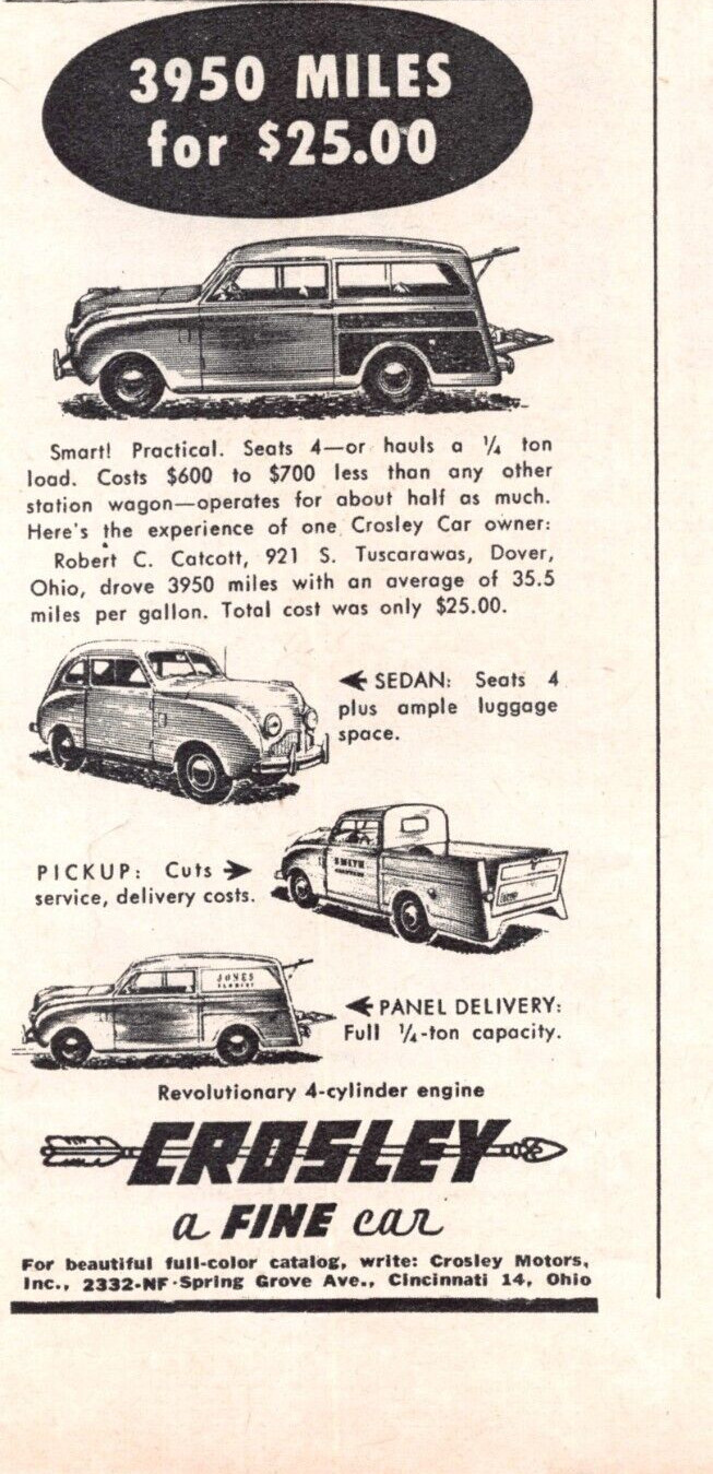 Crosley Motors 1948 Automobile Sedan Pickup Panel Delivery Vtg Magazine Print Ad