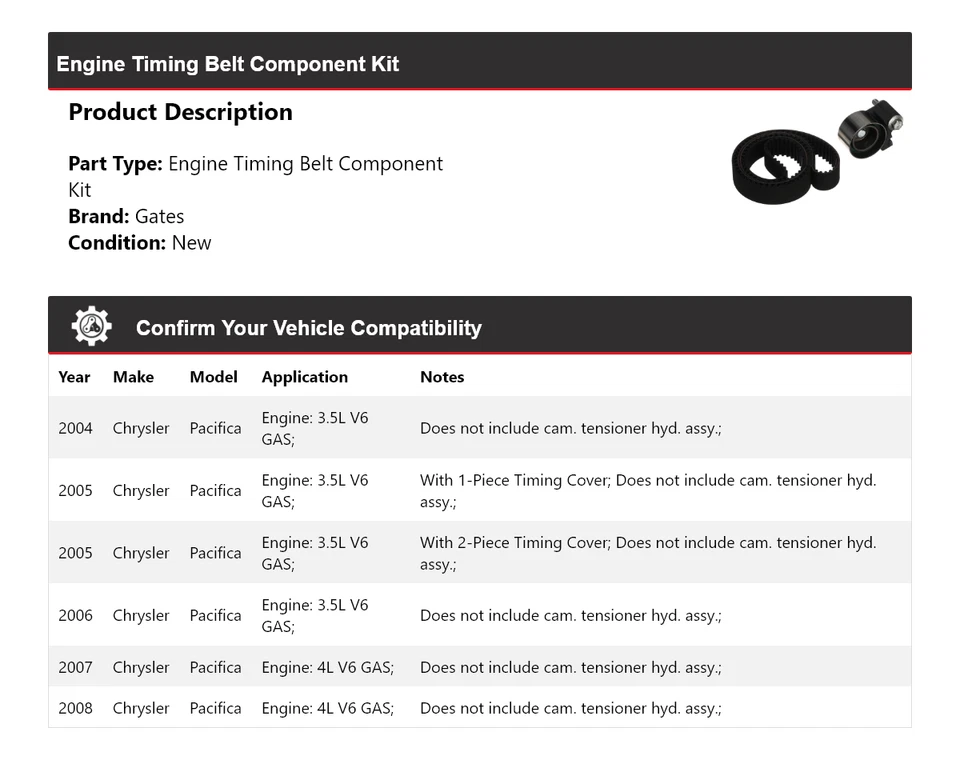 Kit de componentes de correia dentada para motor Chrysler Pacifica 2004-2008 portões 2005 2006 - Imagem 2 de 4