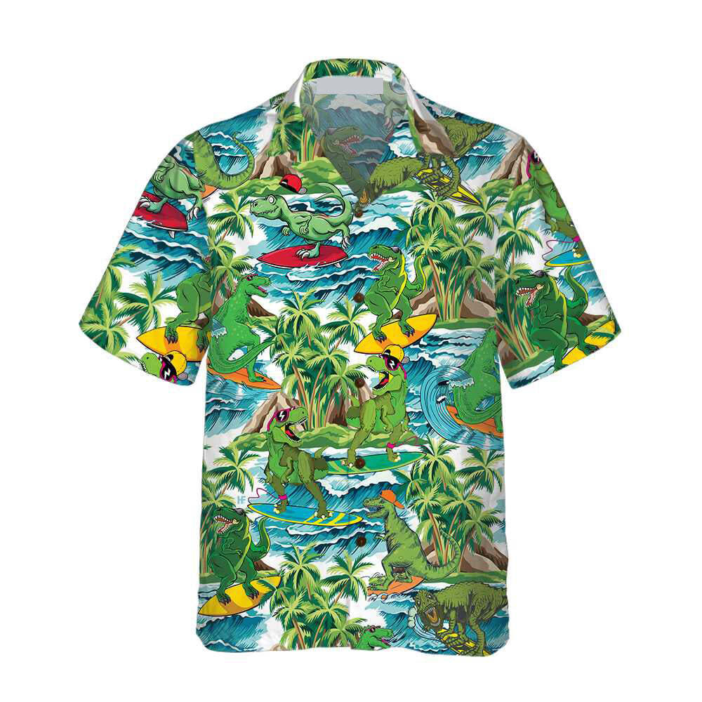 Surfing Dinosaur Hawaiian Shirt Funny Dinosaur Shirt