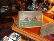 Primitive Style seascape-rugged coast; sailing galleons;clippers,rough seas-O/Ma
