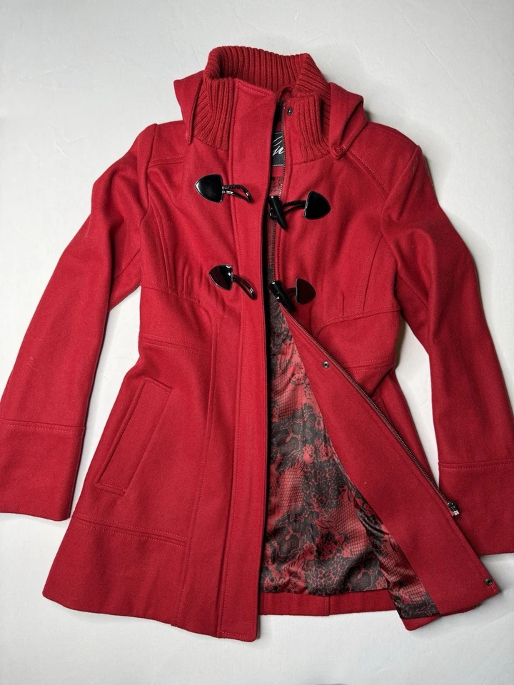 Guess Women’s XS Red Wool Blend Toggle Pea Coat Hooded Full Zip Lined Jacket - Image 4 of 4