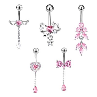 Pink Zircon Butterfly Heart Belly Button Ring Women Crystal Navel Ring Piercing