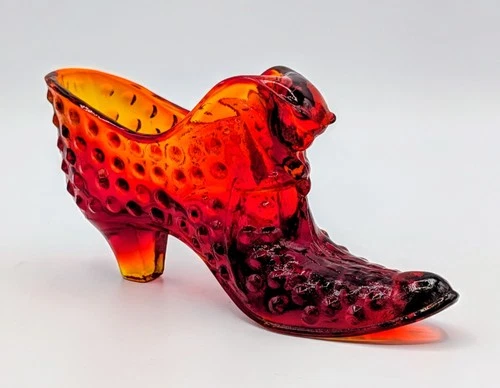 Fenton Amberina Hobnail Cat Head Slipper Shoe Red Orange Art Glass