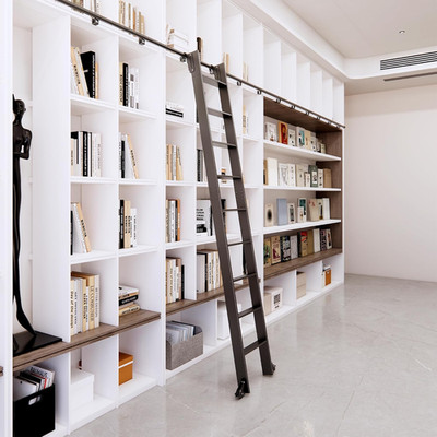 120'' Black Sliding Library Ladder with Telescopic Hook & Braking Wheels