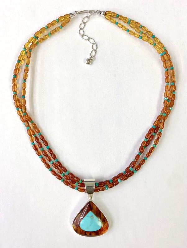 HSN Jay King Sterling Silver Amber and Turquoise Pendant with 18" Necklace