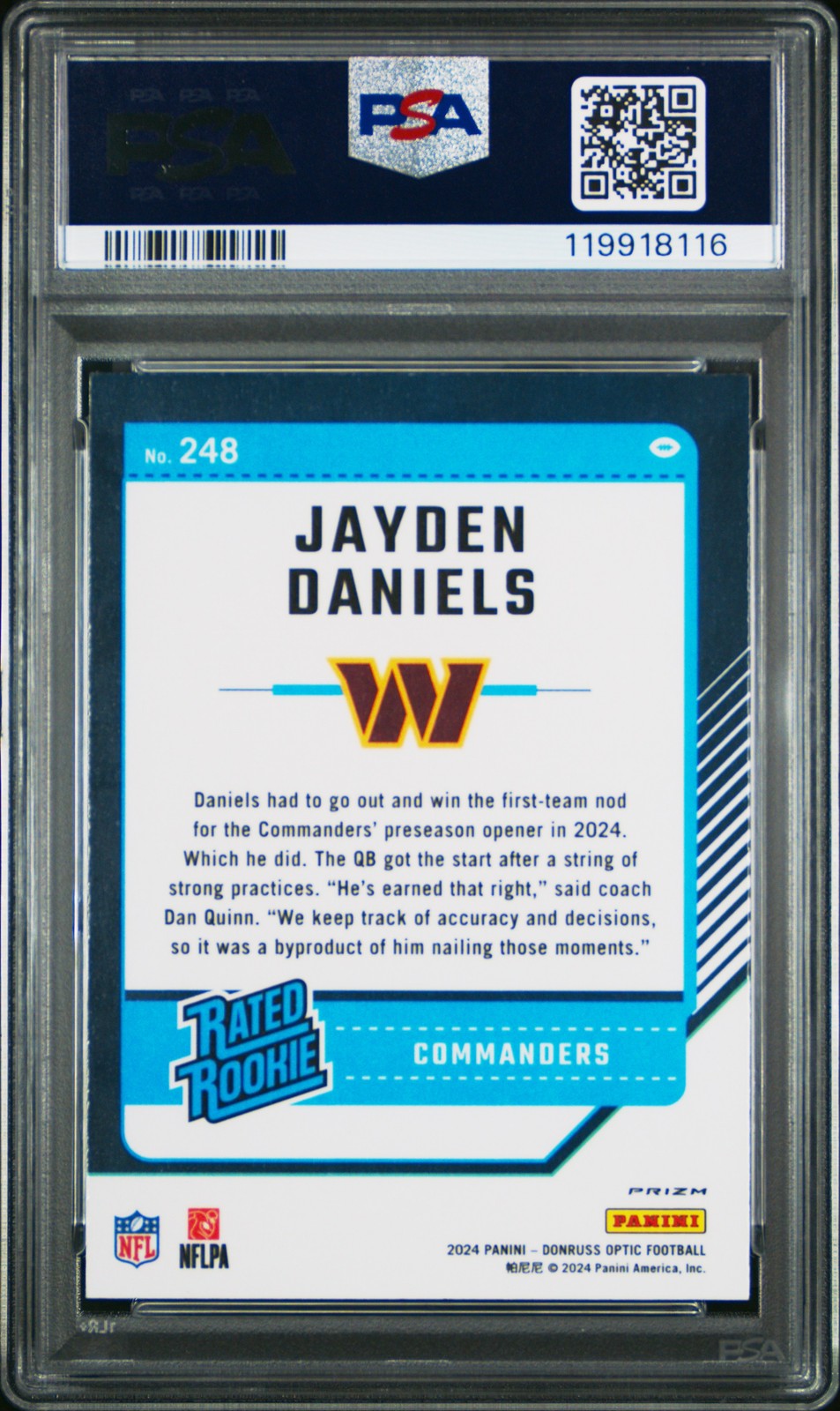 2024 Panini Donruss Optic #248 Jayden Daniels Green Velocity PSA 8 view 2
