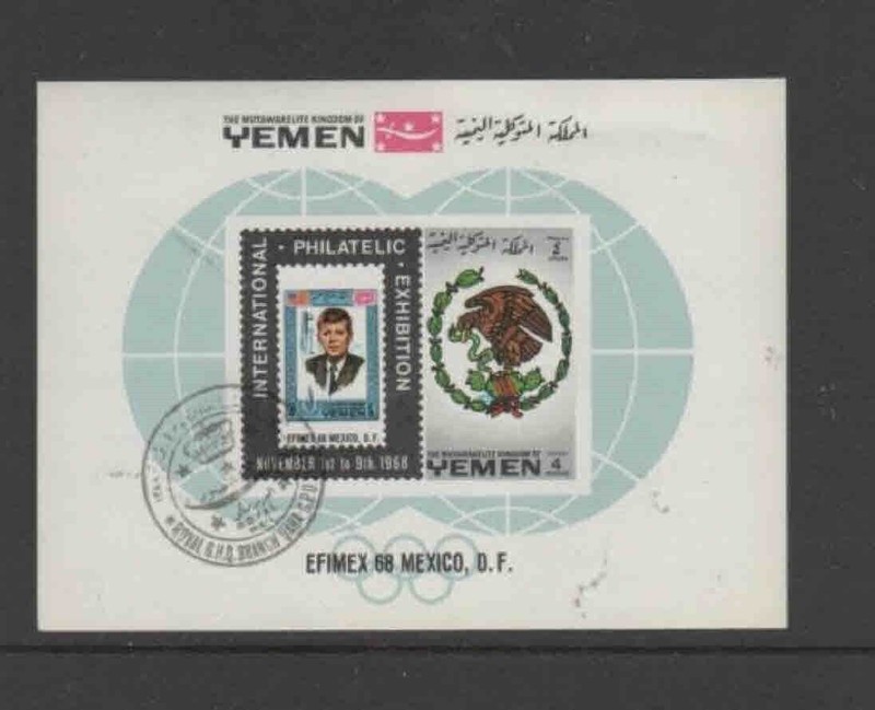 YEMEN 1968 JFK MINT VF NH O.G S/S CTO (47YE)