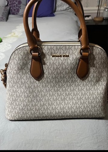 Michael Kors Signature Logo Satchel Beige/Brown Zip Top Detachable Strap