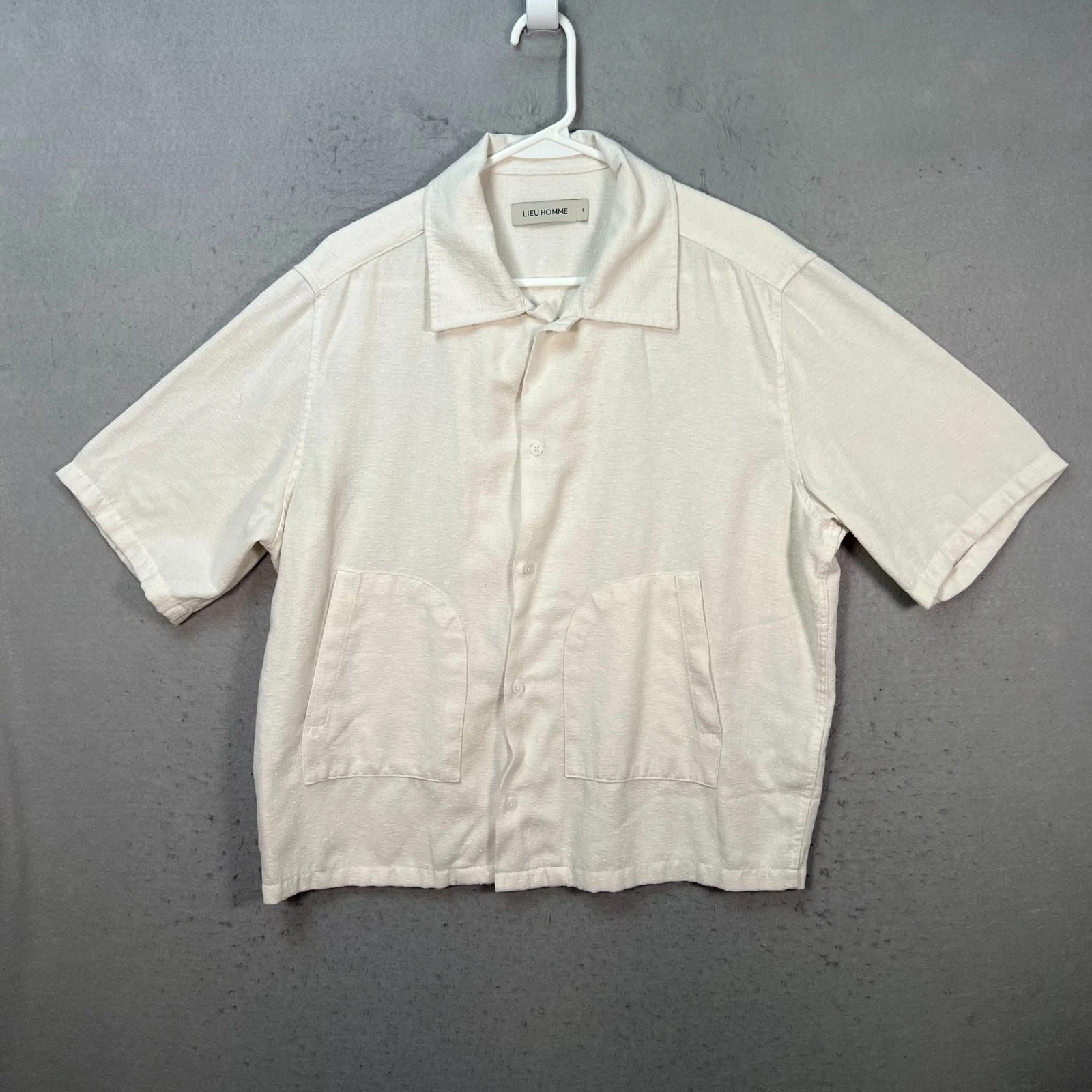 Lieu Homme Mens Size 1 Ivory Short-Sleeve Button-Up Shirt Linen Blend