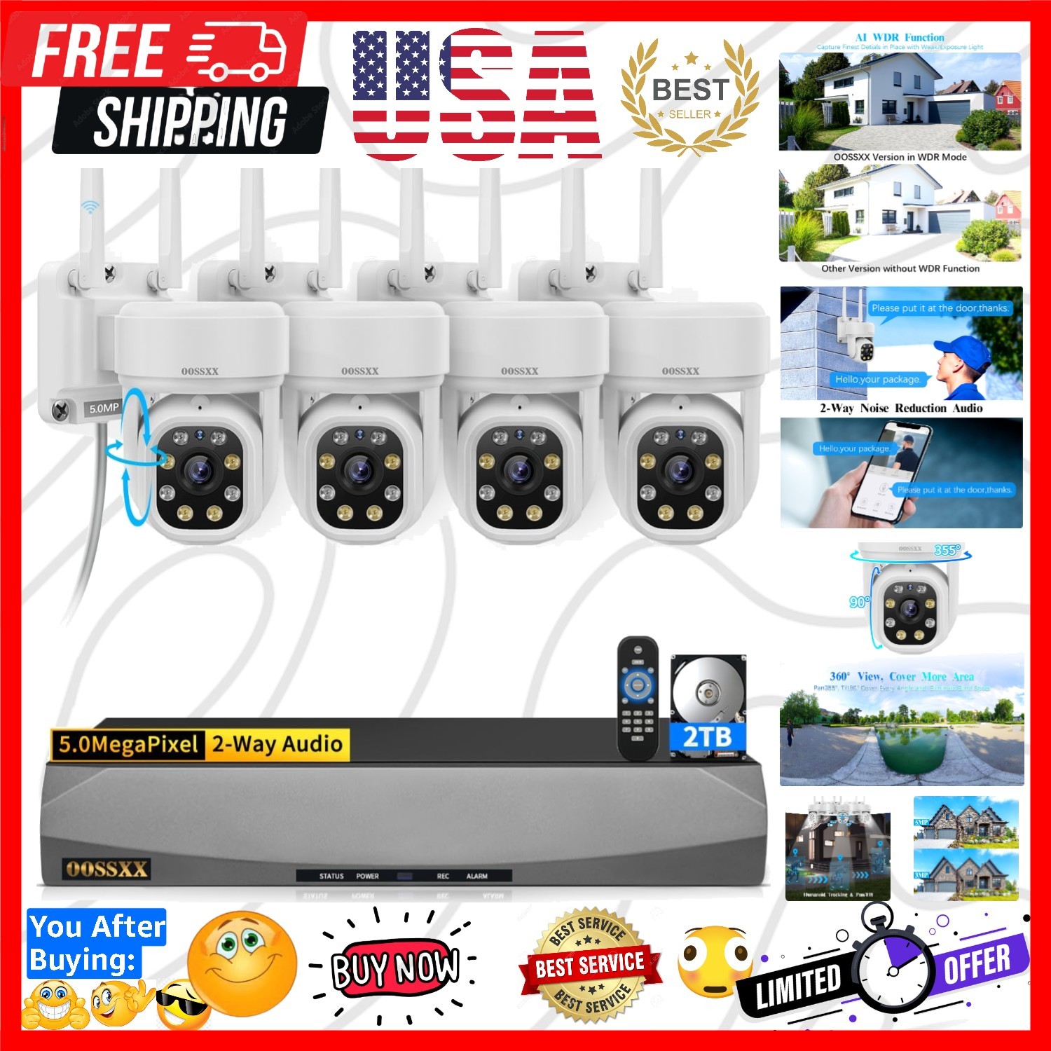 Auto-Video Tracking & 2-Way Audio WiFi PTZ Outdoor Security Camera System Pan...