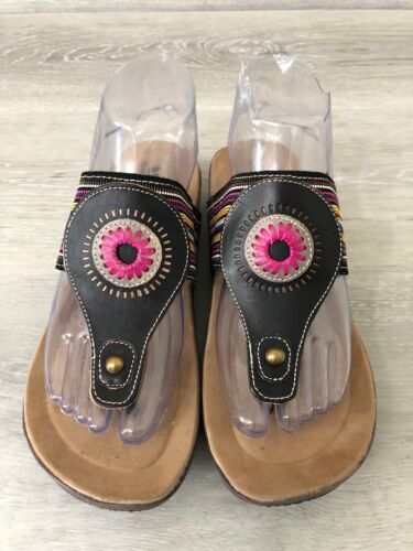 Spring Step Yasmin Women's Sandal Black Leather Slip On Thong Shoes - Picture 2 of 7