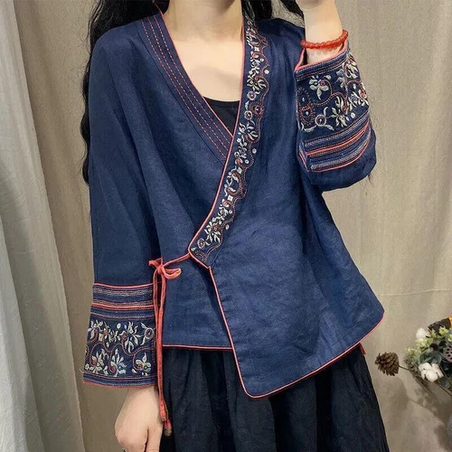 Damen Blumen bestickt Top Ethno Retro Shirt V-Ausschnitt Hanfu Cardigan Shirt Gr. - Bild 5 von 11