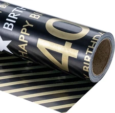 Reversible Wrapping Paper Roll - Mini Roll - 40 Years Old Birthday Black and Gol