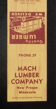 1950s Mach Lumber Company Phone 29 New Prague MN Le Sueur Co Matchbook Minnesota