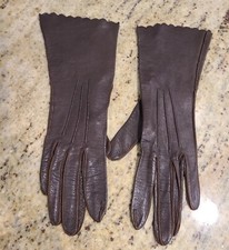Vintage Size XS 5 3/4 Brown Soft Leather Formal 10" Long Gloves Scallop Edge