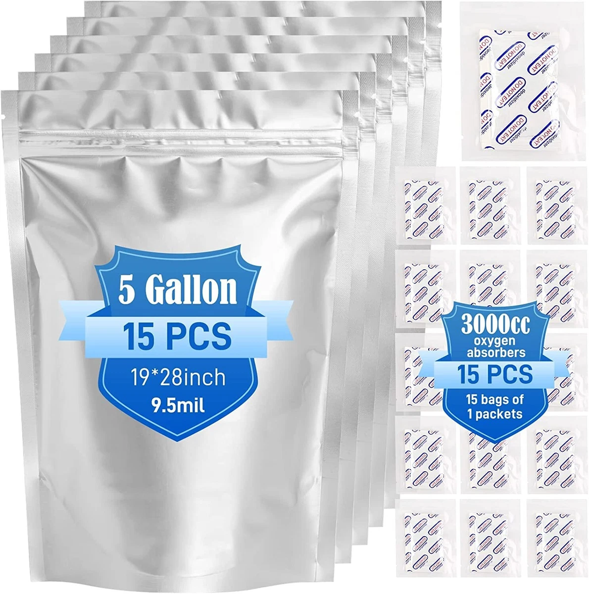 5 Gallon Mylar Storage Bags with Individually Wrapped Oxygen