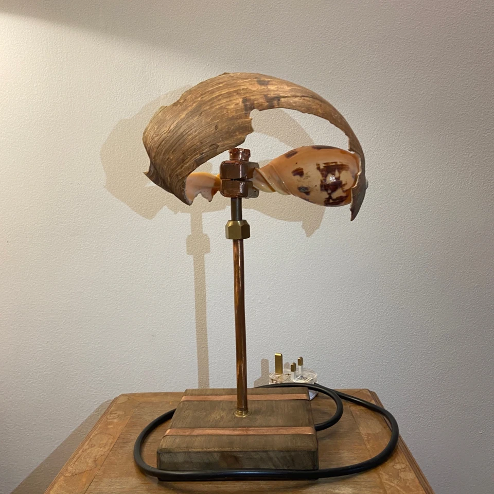 Pantalla de lámpara de mesa de cobre concha marina hecha a mano, de playas de Sri Lanka Foto 2 de 2