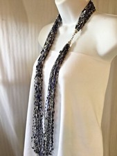 Extra Long Necklace Opera Length Silver Black Blue Ladder Yarn 36 inch