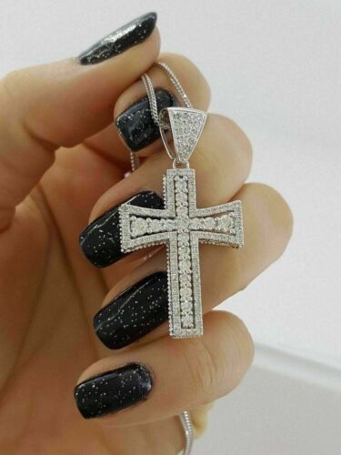 Pendentif sans chaîne argent simulé diamant croix sainte croix plaqué or blanc 14 carats - Photo 1 sur 4