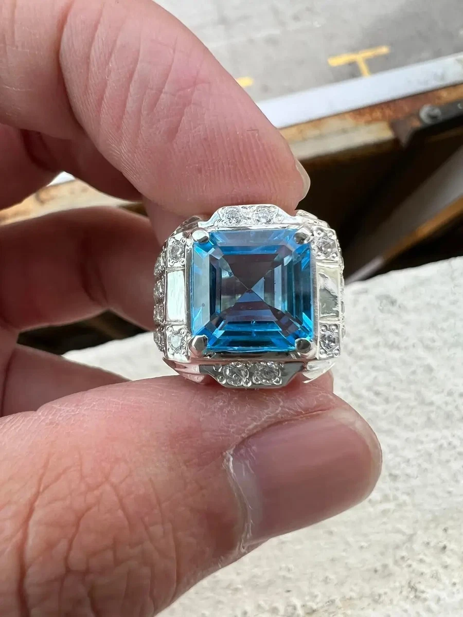 Natural Blue Topaz Gemstone 18k White Gold Ring For Men s 612