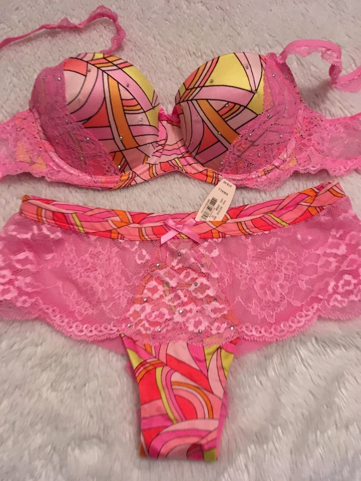 Винтажный 2011 VICTORIA'S SECRET атласный со стразами бюстгальтер трусики комплект лот 34B/маленький розовый - Изображение 2 из 4