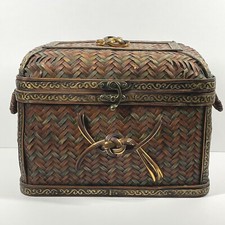 Hand-Woven Three Color Decorative Basket with Dome Lid, Handles  Metal Clasp