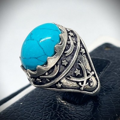 Vintage Osmanisch Türkisch Silber Ring Mond Stern Türkis Stein Unikat Design
