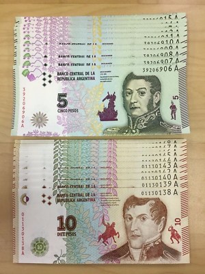 LOT ARGENTINA 5 & 10 PESOS P.359/60 PREFIX A, LOT OF 10 PAIRS, UNC
