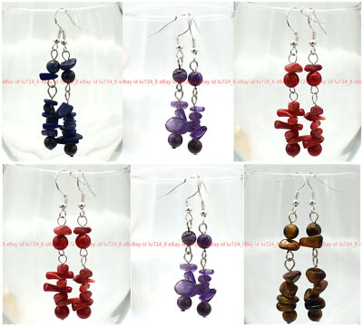 Natural Multicolor Gravel Chip Gems Irregular Beads Dangle Silver Hook Earrings