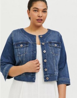 Womens Torrid Denim Crop Collarless Jacket Medium Wash Size