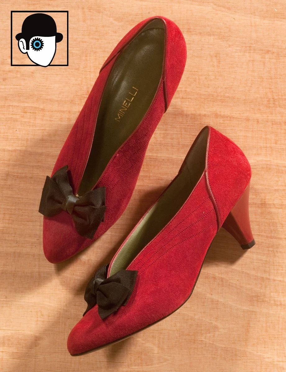 MINELLI 80s LEATHER SUEDE HEELS SHOES WITH BOW UK 4 US 6 1 2 EU 37
