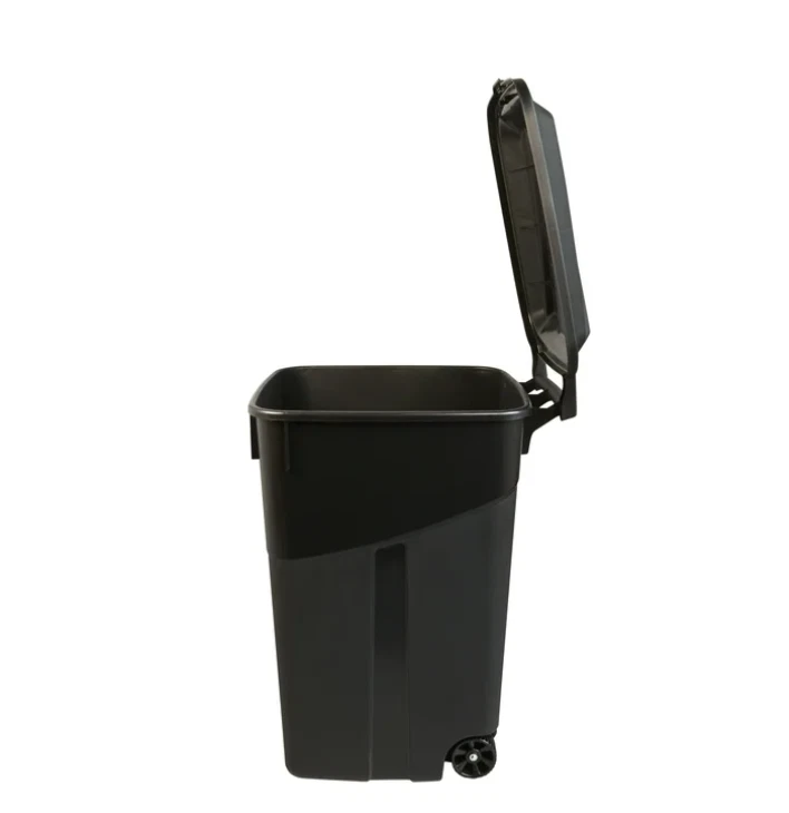 Bote de basura de plástico de alta resistencia con ruedas Hyper Tough de 45 galones, tapa adjunta, negro Foto 4 de 4
