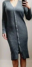 Express Women's Gray Ribbed Knit Jewel Button Front Fitted Midi Dress! Size L