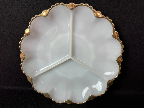 Vintage Anchor Hocking White Milk Glass with Gold Trim 3 Section Divided Plate