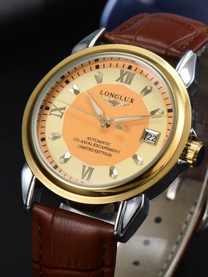 LONGLUX Automatik Herrenuhr Skelett Lederarmband Gold Mechanisch Datum