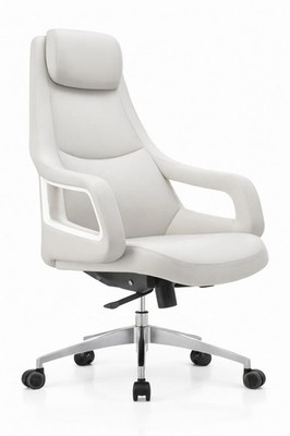 Ergonomischer Chefsessel mit weißem Lederbezug und Aluminiumgestell
