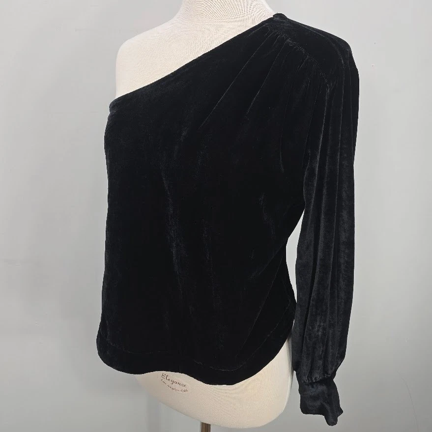 Free People Top M Black Velvet One Shoulder Bishop Sleeve Whimsigoth Boho Witchy - Image 2 of 4