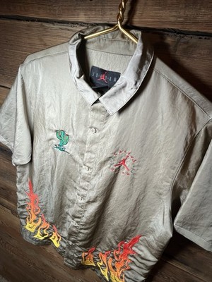 Cactus Jack By Travis Scott X Jordan Button Down Shirt Khaki Flames Red Small