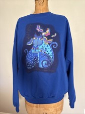 Vintage 90  s Laura Burch Indigo Cats Butterflies Sweatshirt Whimsical Size XL