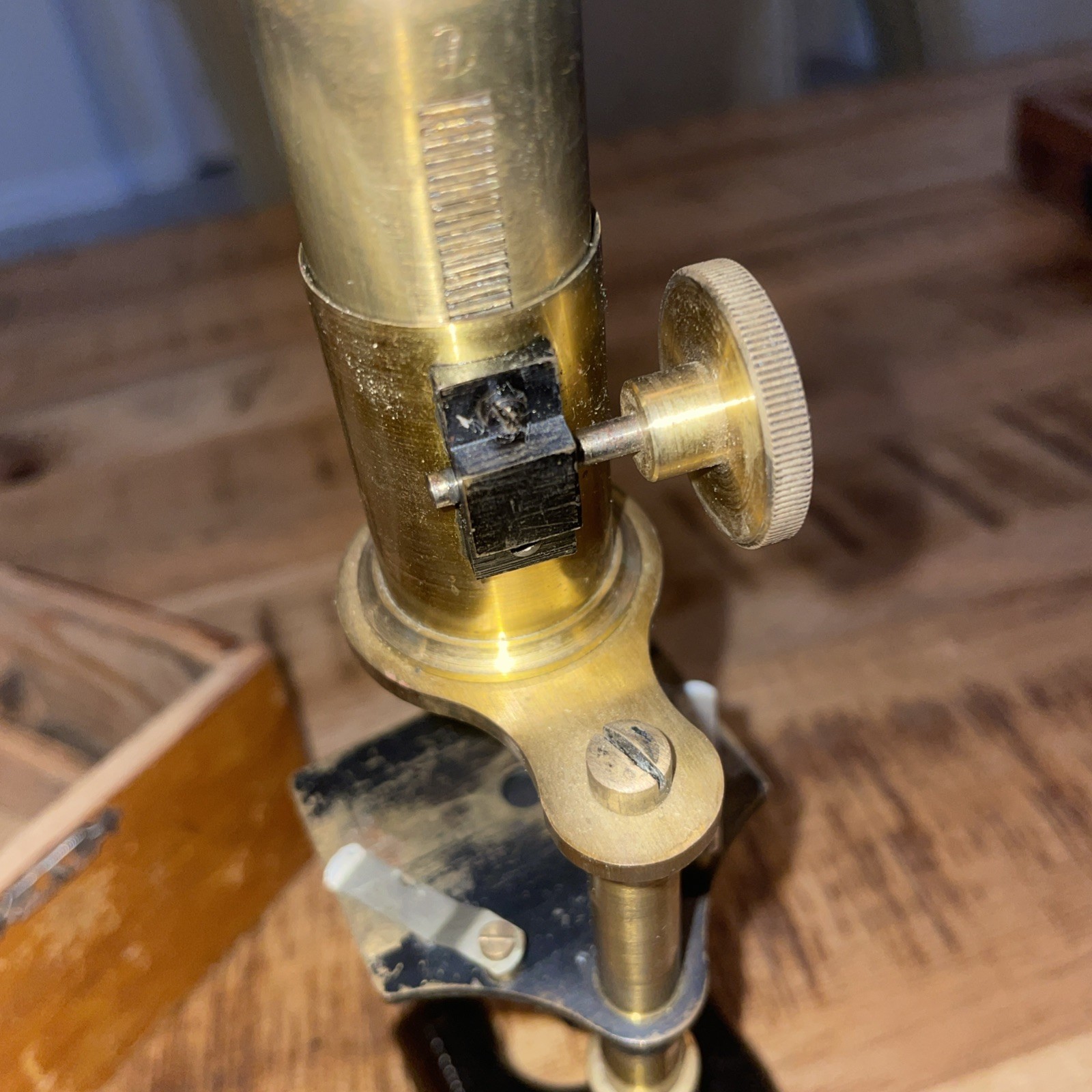 Antique Brass Microscope With Wooden Case & Slides READ