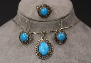 .925 STERLING SILVER TURQUOISE Pendant Necklace Earrings & Bracelet 17.6g S54