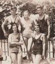 1930s Group Friends Swimsuits Poolside Summer Smiles Fence Pose