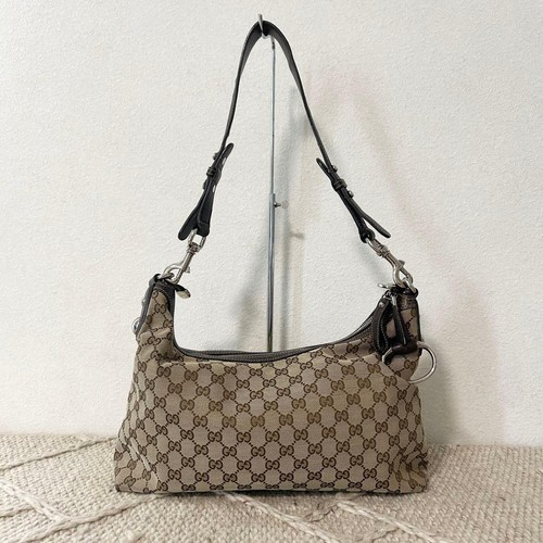 GUCCI GG Canvas Shoulder Bag Leather Strap Handbag