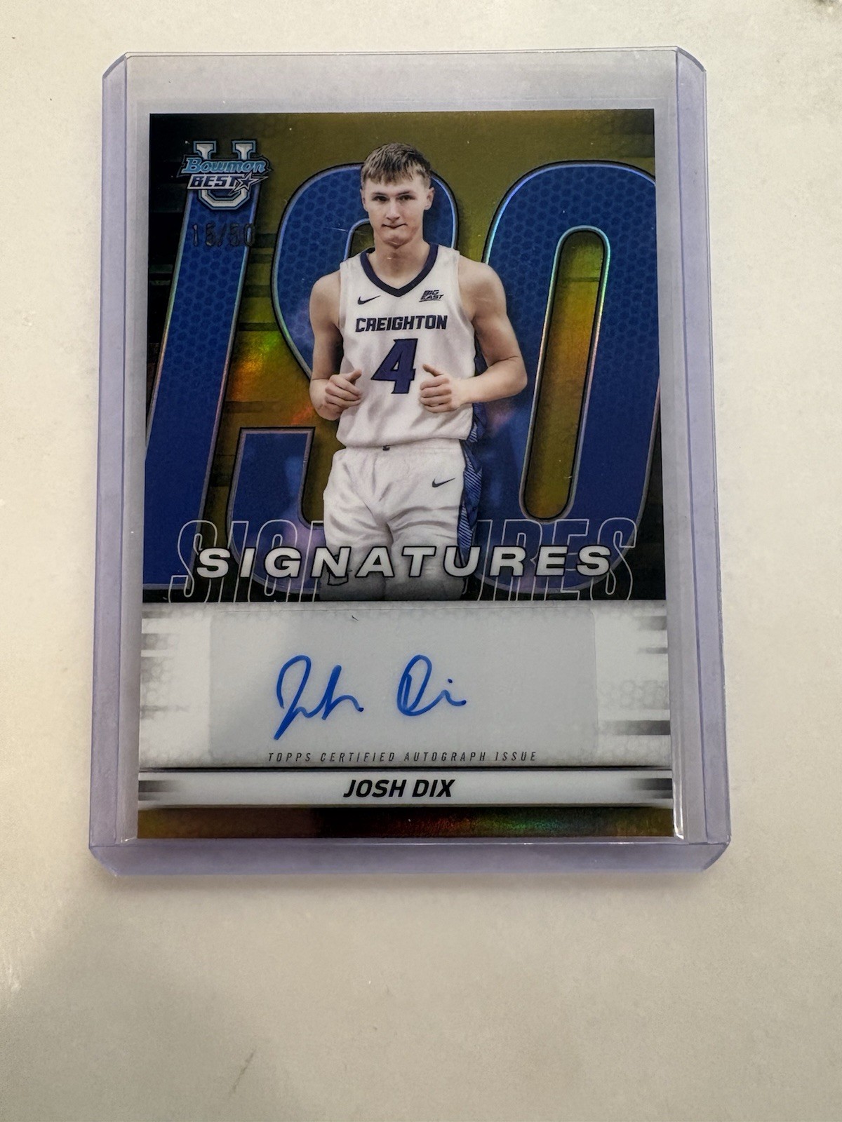 2025-26 Bowman U Best Josh Dix Iso Signatures Auto Gold /50 Creighton