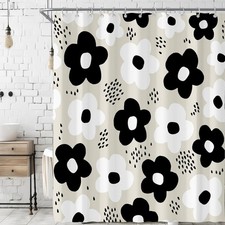 Black White Abstract Cute Retro Flower Boho Floral Shower Curtain for Bathroo...