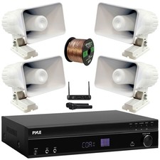 Pyle Bluetooth Home Receiver, 4x 6'' Outdoor PA Horn Speakers  Wireless Mic