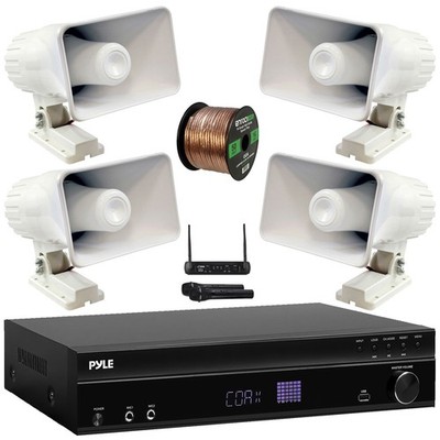 Pyle Bluetooth Home Receiver, 4x 6'' Outdoor PA Horn Speakers + Wireless Mic