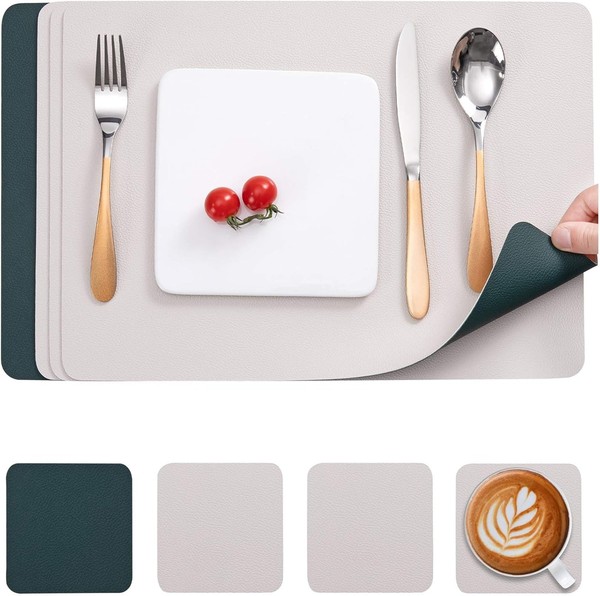 Tischsets Abwaschbar Doppelseitig Rutschfest Lederoptik Beige GrüN 4Er Set-image