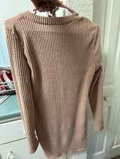 Ribbed Knit V-Neck Long Sleeve Sweater Dress Light Pink Short Pullover Women