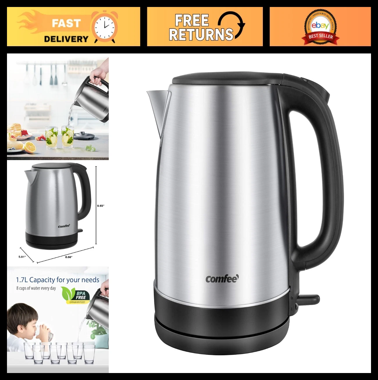 1.7L Stainless Steel Electric Tea Kettle - BPA-Free, LED Light, Auto Shut-Off, F